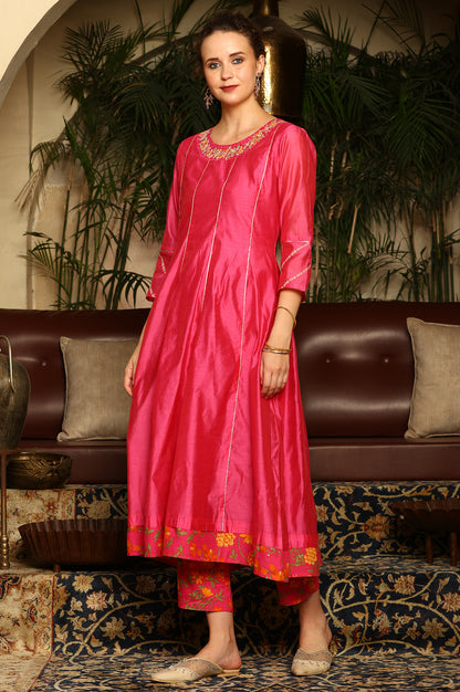 Magenta Pink Chanderi Dori Embroidered Anarkali Kurta, Pants And Dupatta Set