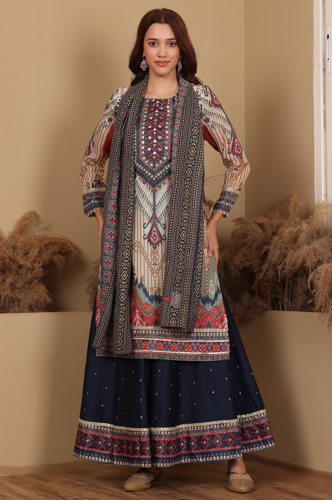 Multi-Coloured Printed Sequined Kota Kurta, Flared Culottes And Dupatta Set - wforwoman