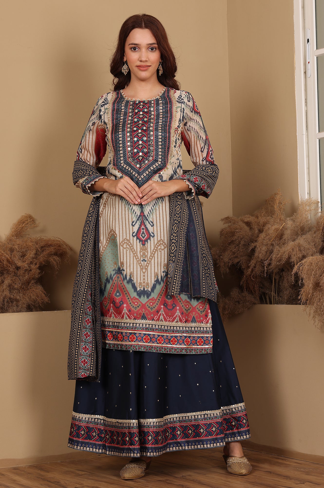 Multi-Coloured Printed Sequined Kota Kurta, Flared Culottes And Dupatta Set - wforwoman