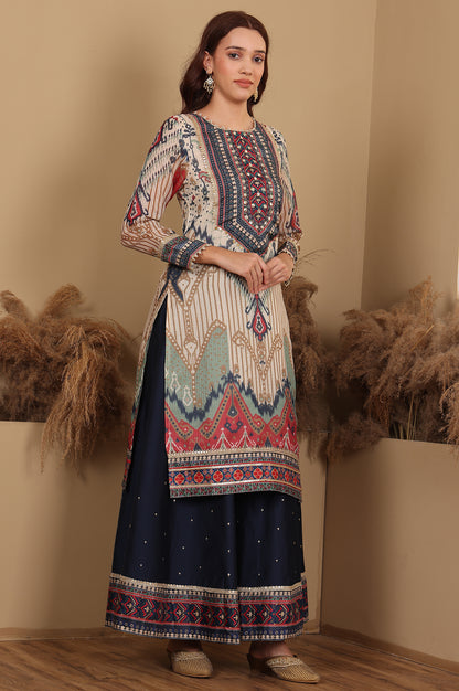 Multi-Coloured Printed Sequined Kota Kurta, Flared Culottes And Dupatta Set - wforwoman