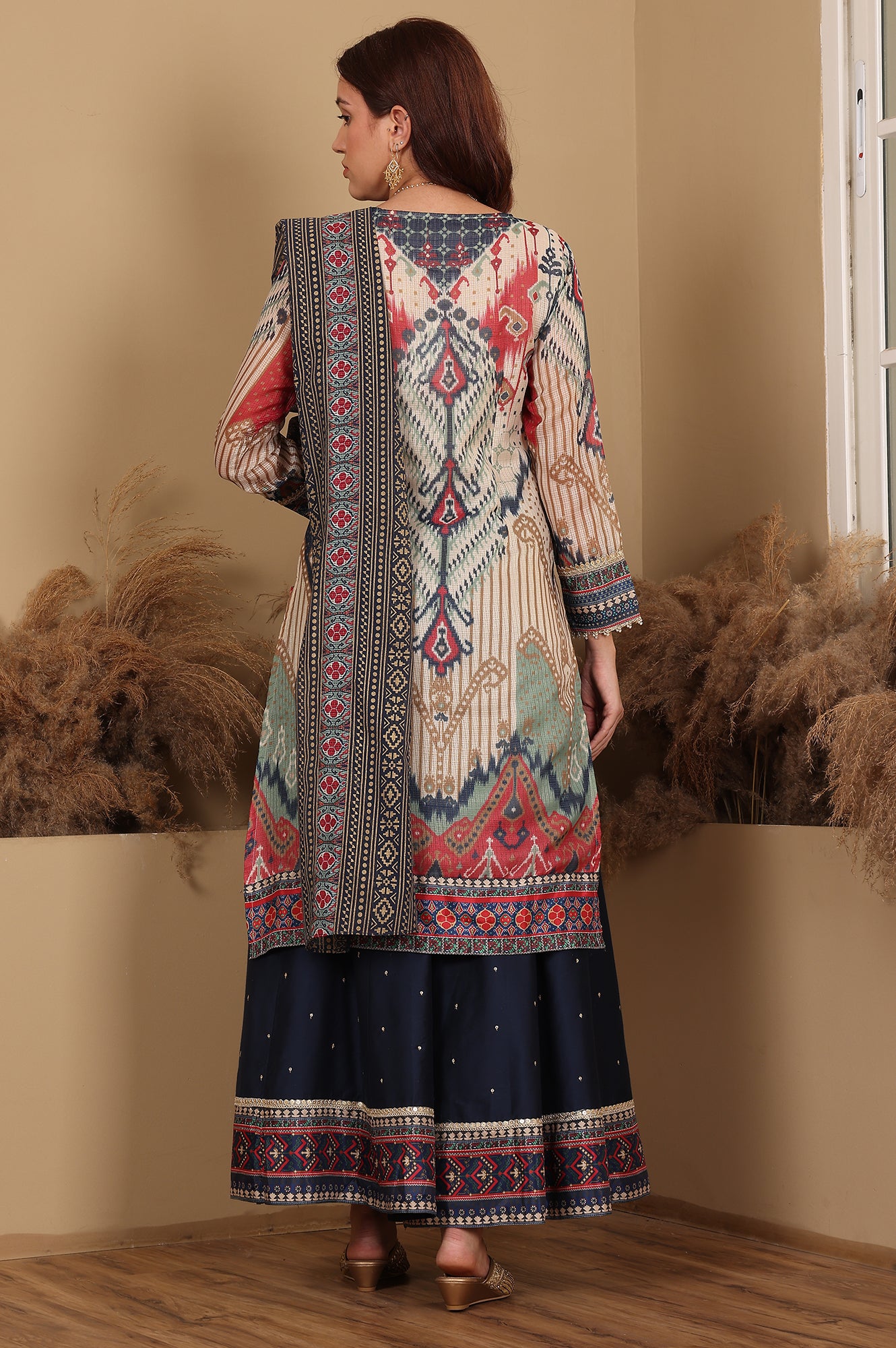 Multi-Coloured Printed Sequined Kota Kurta, Flared Culottes And Dupatta Set - wforwoman