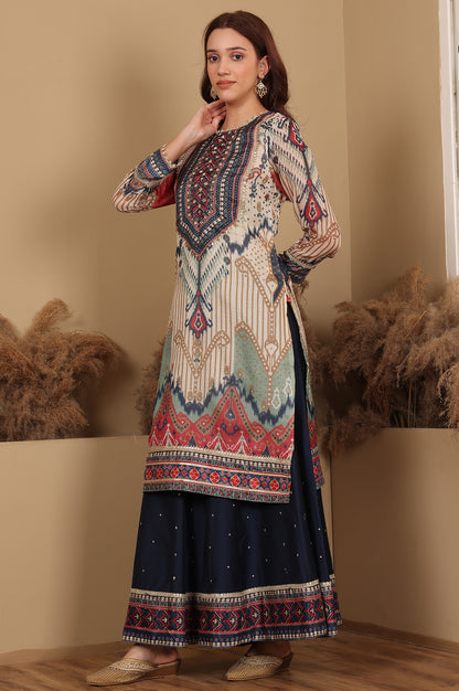 Multi-Coloured Printed Sequined Kota Kurta, Flared Culottes And Dupatta Set - wforwoman