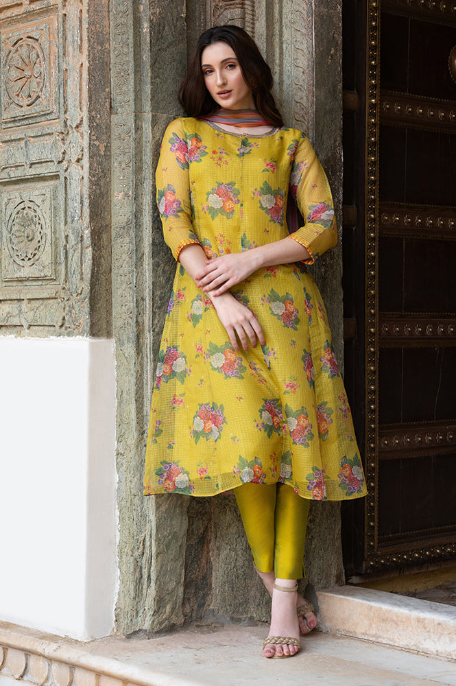 Celery Green Floral Printed Sequined Kota Flared Kurta, Slim Pants And Dupatta Set