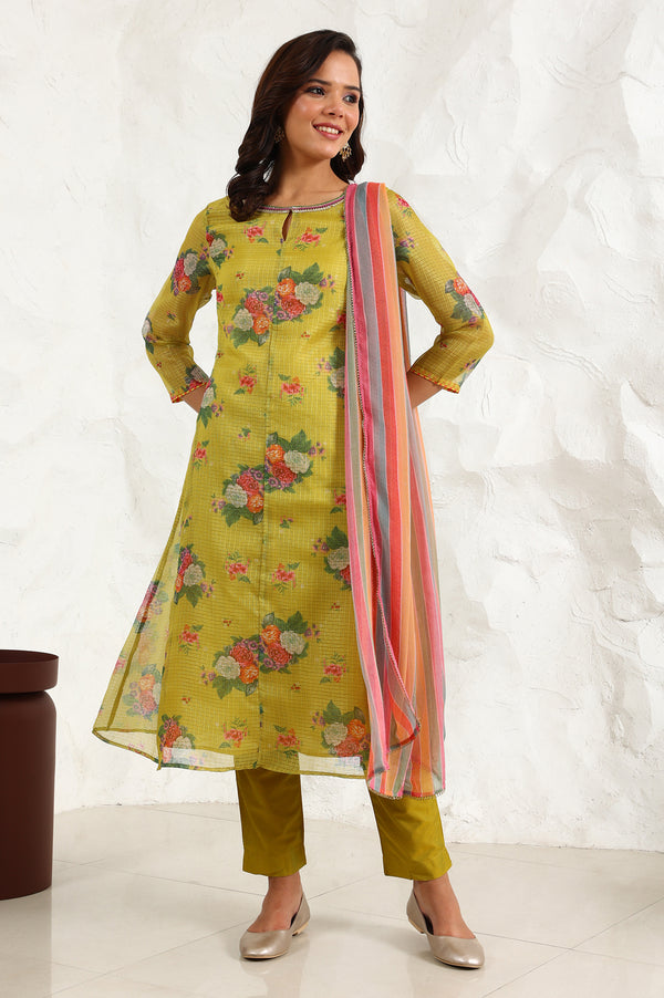 Celery Green Floral Printed Sequined Kota Flared Kurta, Slim Pants And Dupatta Set