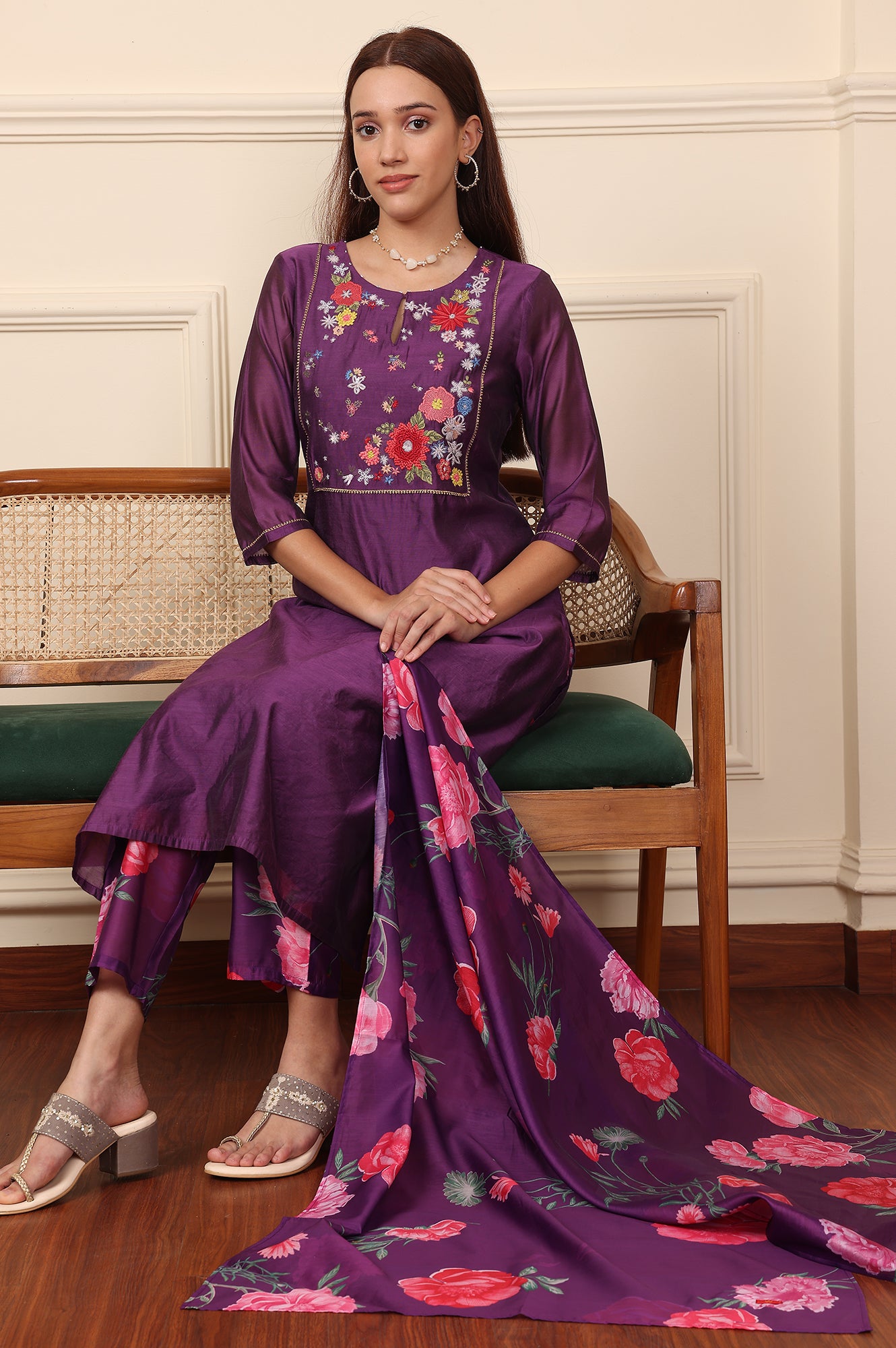 Purple Embroidered Yoke Chanderi Kurta, Pants And Dupatta Set - wforwoman