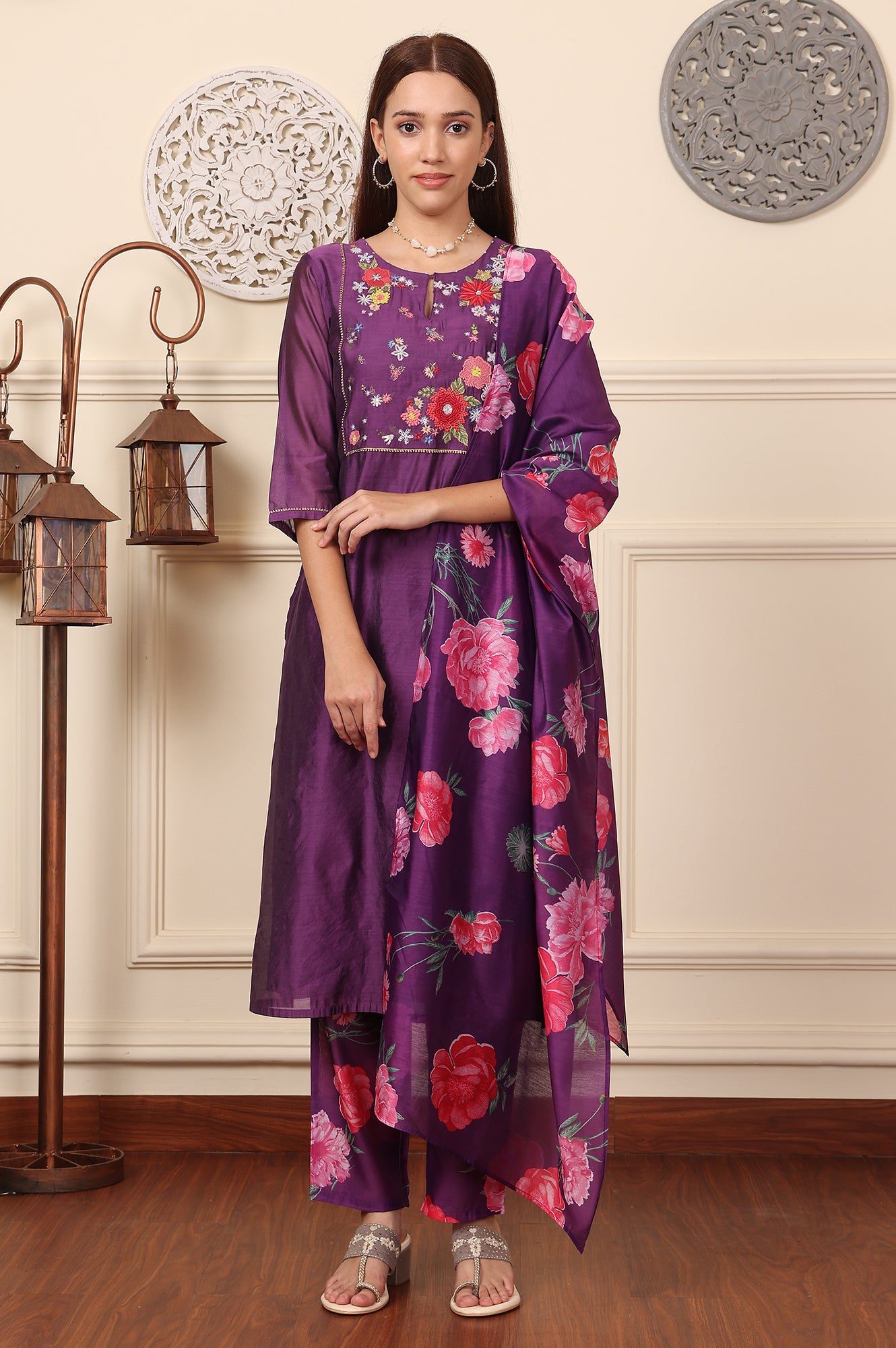 Purple Embroidered Yoke Chanderi Kurta, Pants And Dupatta Set - wforwoman