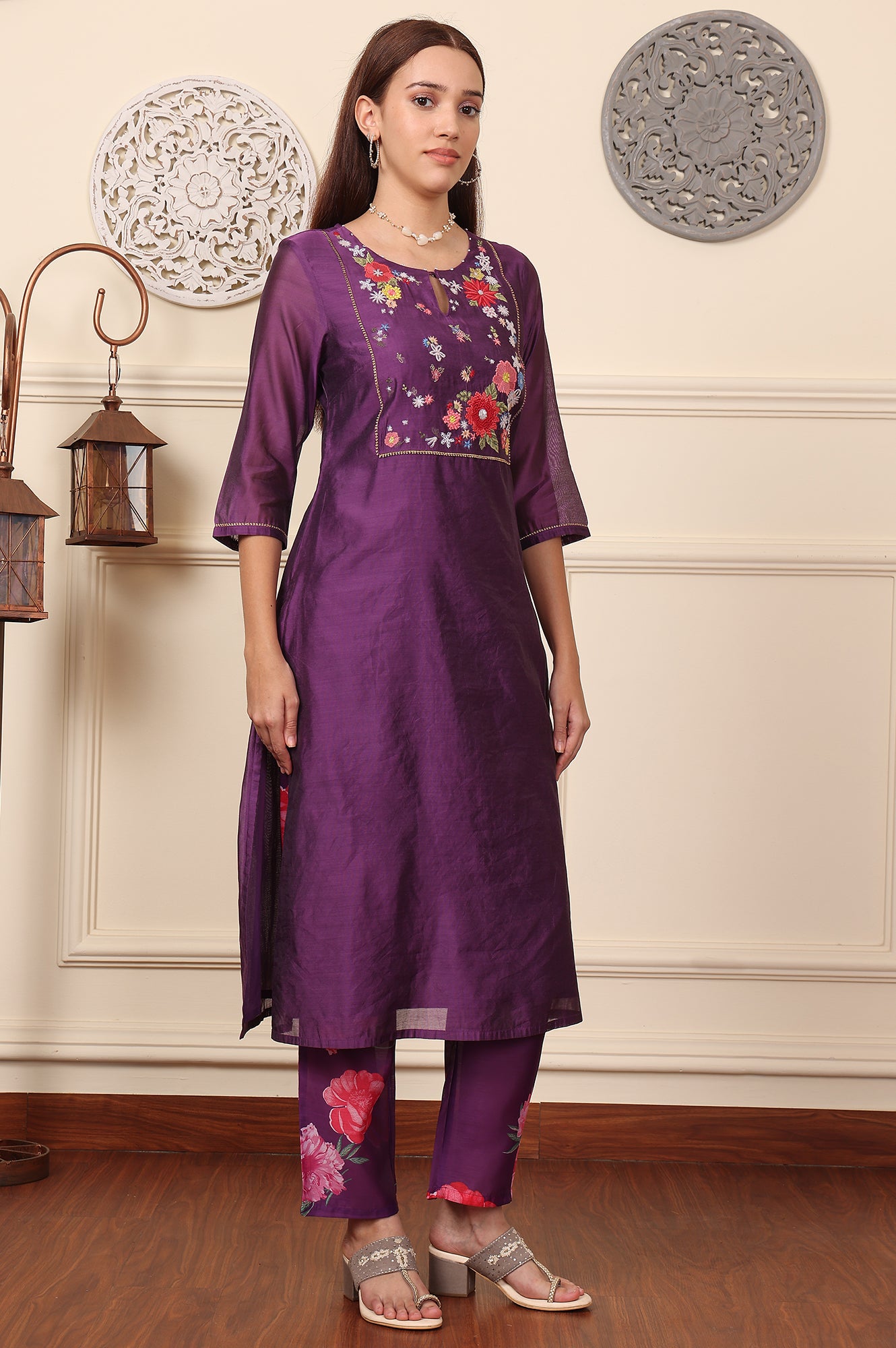 Purple Embroidered Yoke Chanderi Kurta, Pants And Dupatta Set - wforwoman