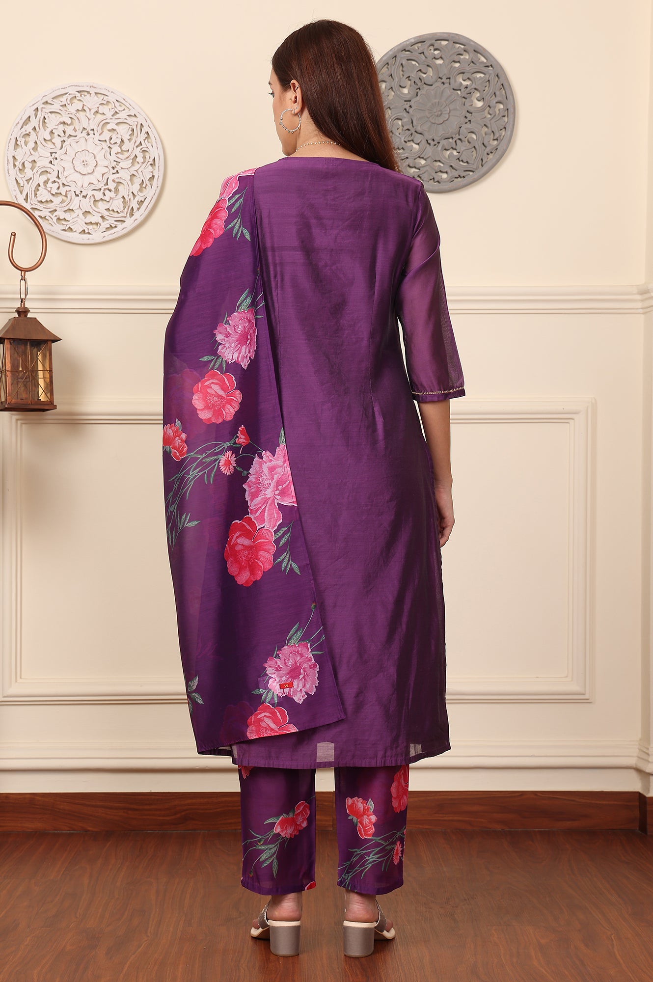 Purple Embroidered Yoke Chanderi Kurta, Pants And Dupatta Set - wforwoman