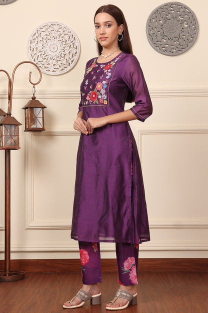 Purple Embroidered Yoke Chanderi Kurta, Pants And Dupatta Set - wforwoman