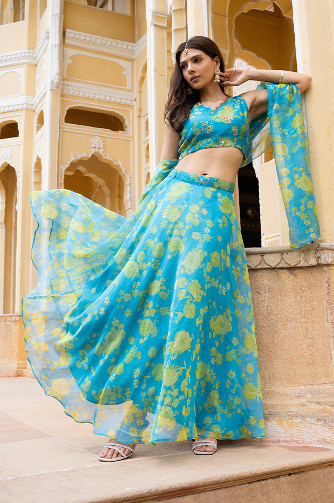 Buy Capri Blue Breezy Floral Printed Sequined Sleeveless Crop Top Flared Skirt Set With Dupatta Set Online for Woman WforWoman