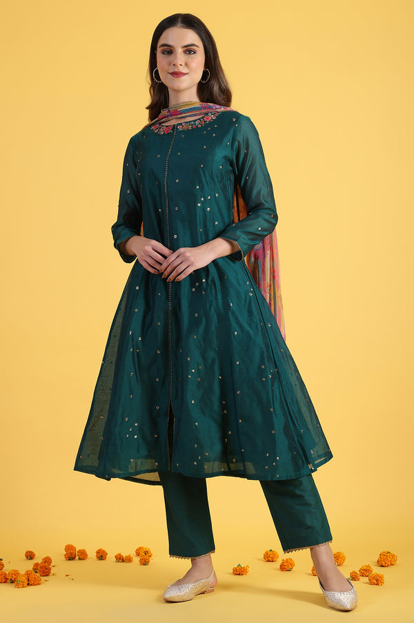 Green Solid SequinsFlared Kurta & Straight pant with Dupatta Set