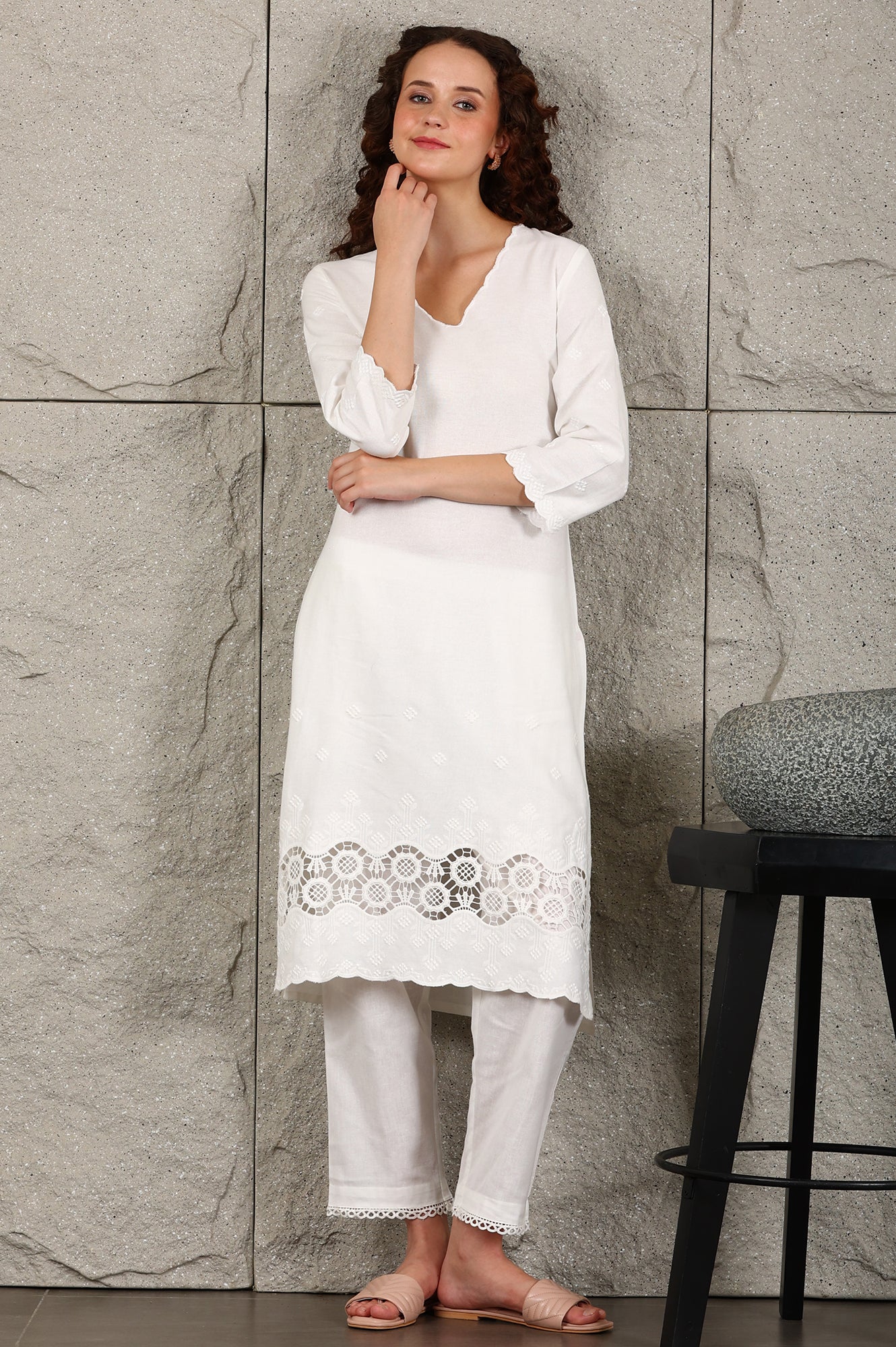 White Thread Embroidered Linen Rayon Crepe Straight Kurta And Pants Set