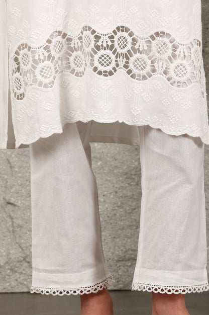 White Thread Embroidered Linen Rayon Crepe Straight Kurta And Pants Set