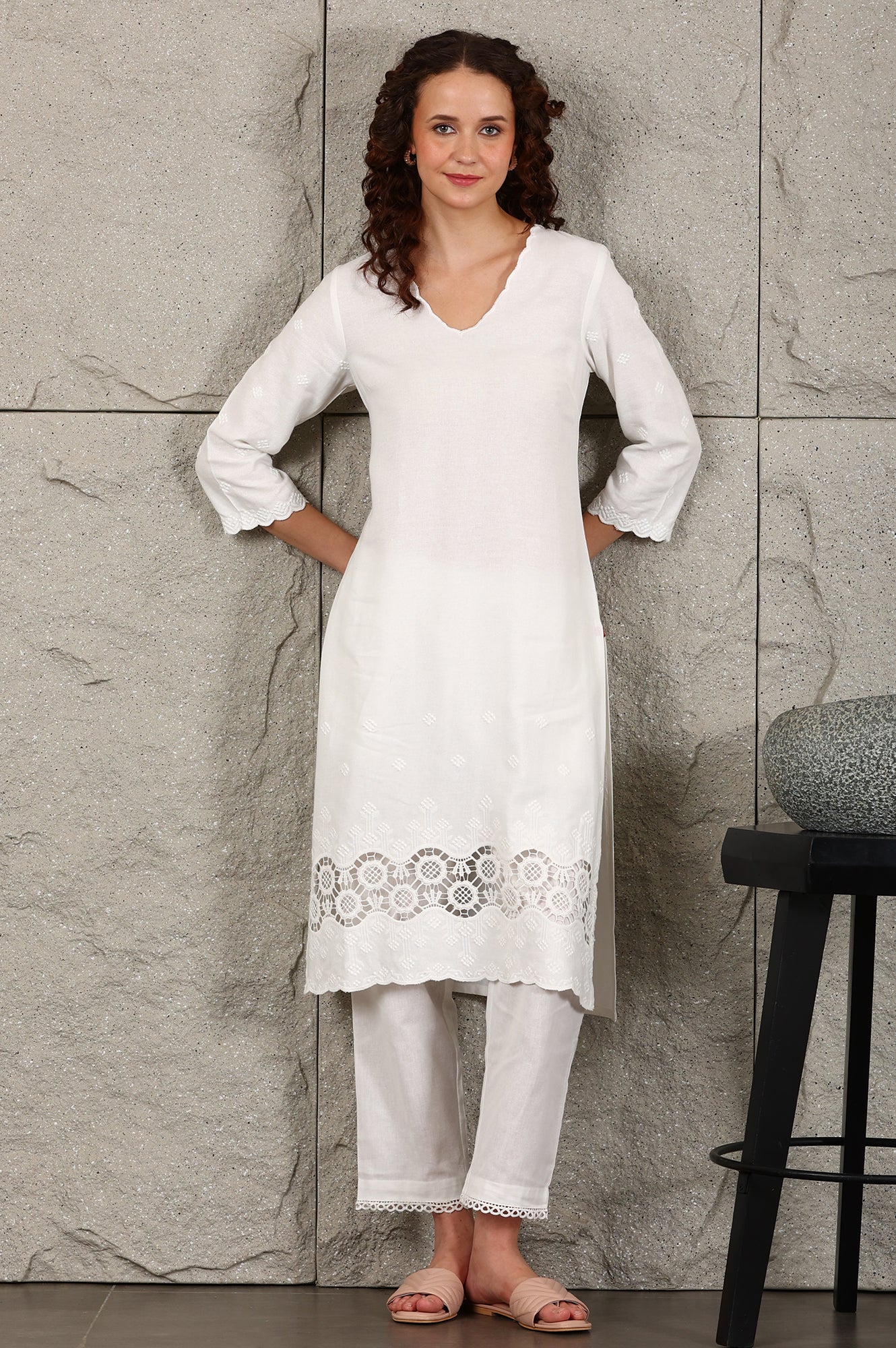 White Thread Embroidered Linen Rayon Crepe Straight Kurta And Pants Set