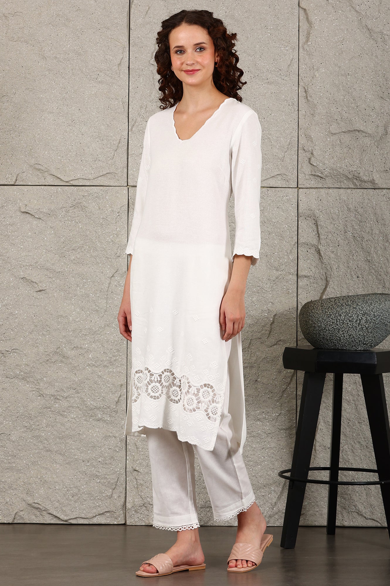 White Thread Embroidered Linen Rayon Crepe Straight Kurta And Pants Set