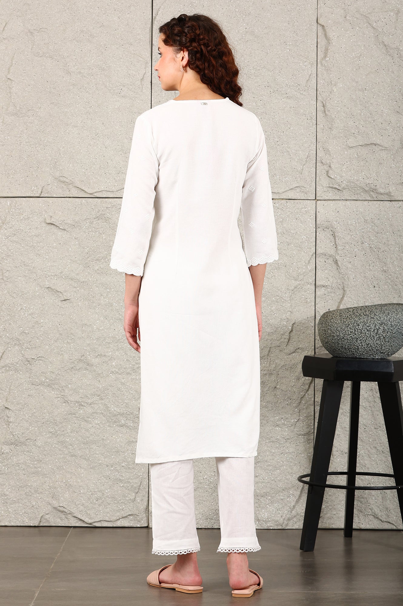 White Thread Embroidered Linen Rayon Crepe Straight Kurta And Pants Set