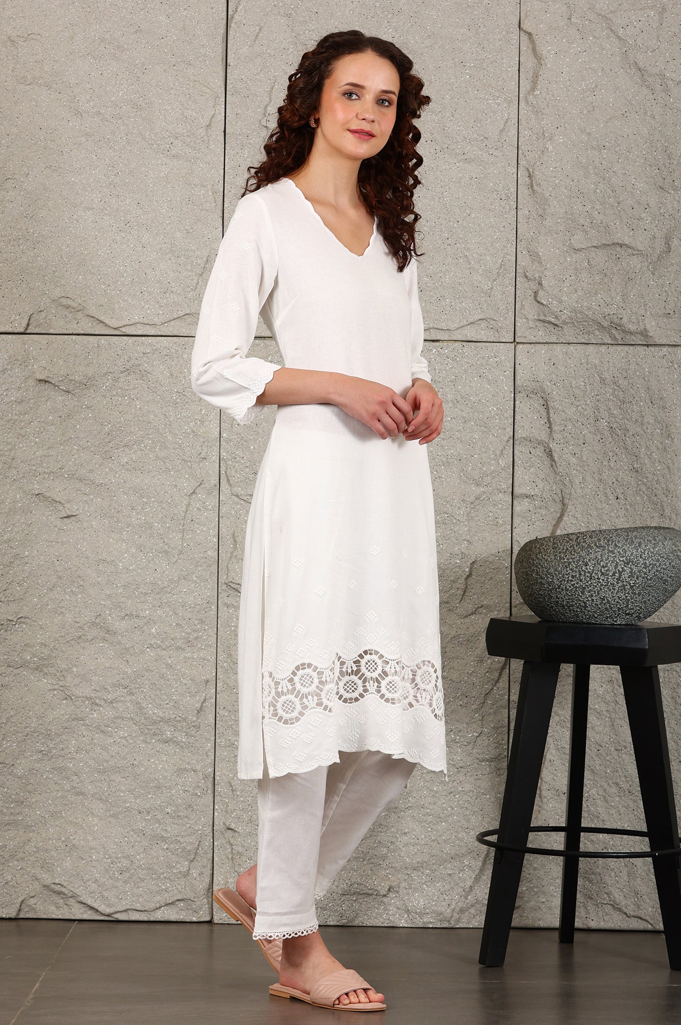 White Thread Embroidered Linen Rayon Crepe Straight Kurta And Pants Set