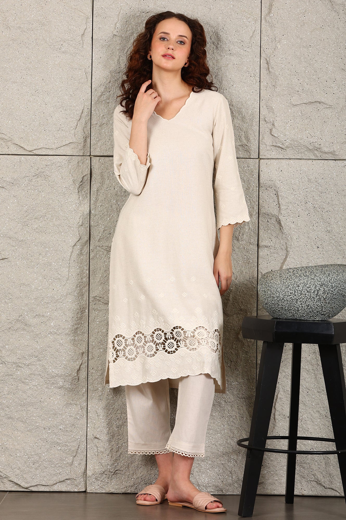 Light Beige Thread Embroidered Linen Rayon Crepe Straight Kurta And Pants Set