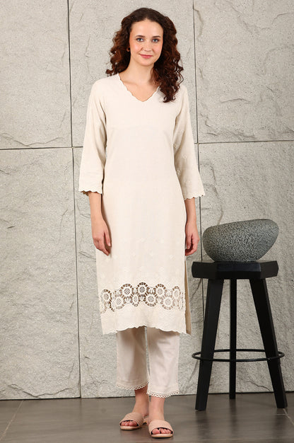 Light Beige Thread Embroidered Linen Rayon Crepe Straight Kurta And Pants Set