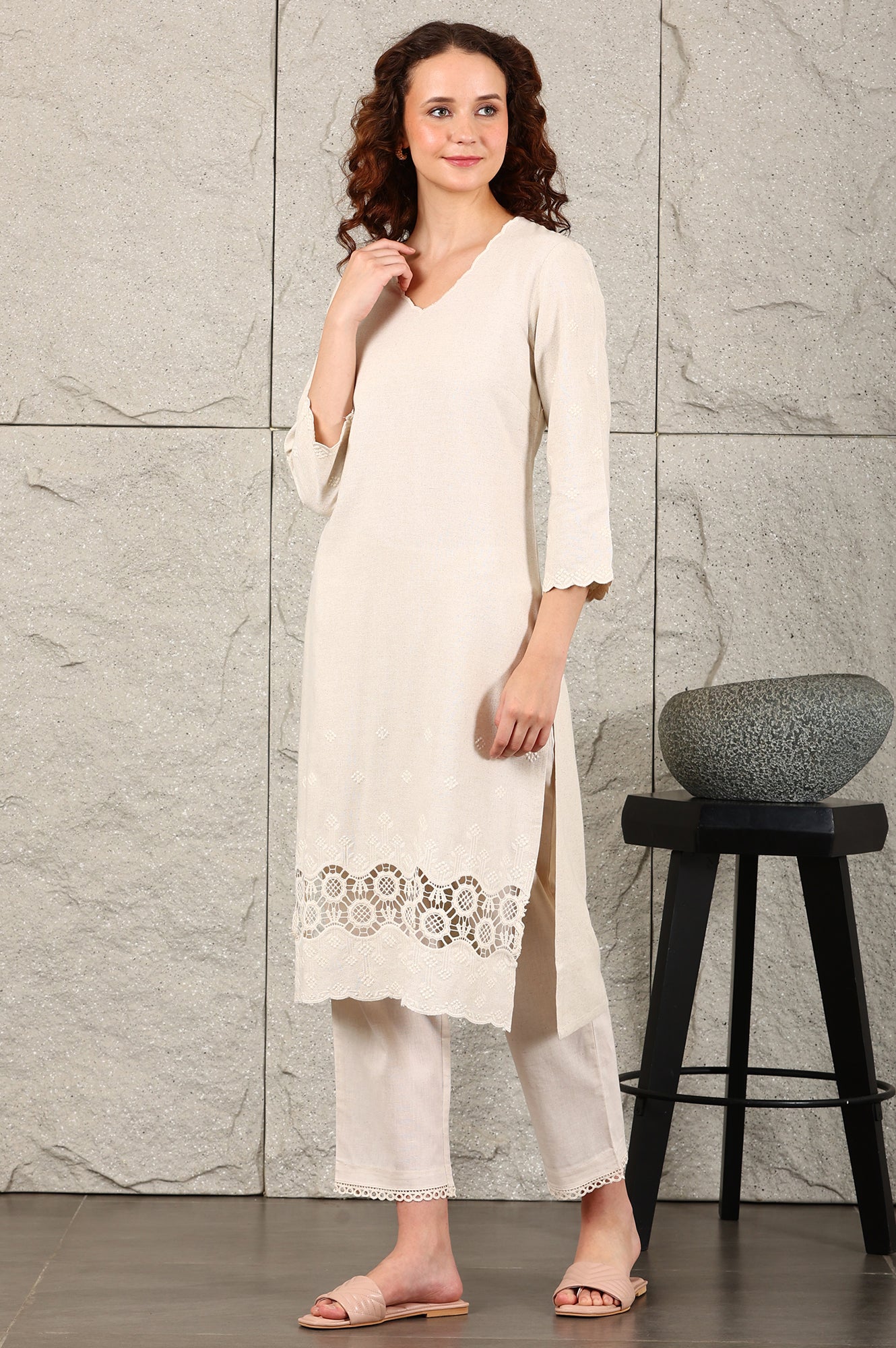 Light Beige Thread Embroidered Linen Rayon Crepe Straight Kurta And Pants Set