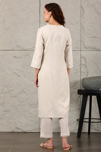 Light Beige Thread Embroidered Linen Rayon Crepe Straight Kurta And Pants Set