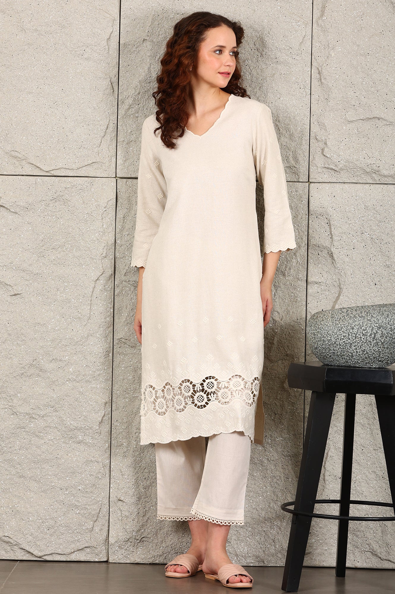 Light Beige Thread Embroidered Linen Rayon Crepe Straight Kurta And Pants Set