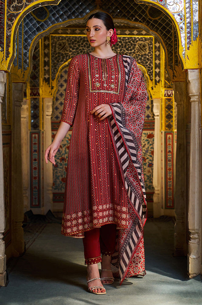 Rust Red Geometric Printed Embroidered Flared Kurta, Pants And Dupatta Set