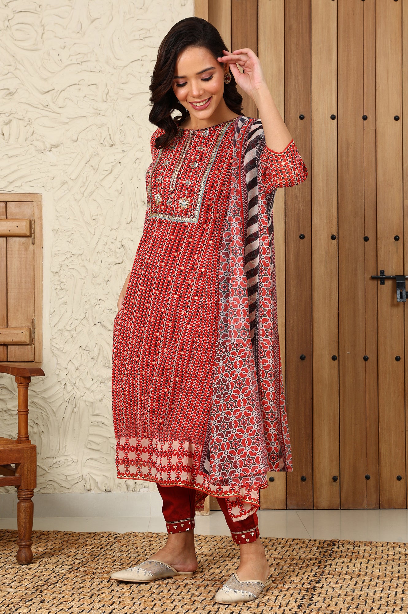 Rust Red Geometric Printed Embroidered Flared Kurta, Pants And Dupatta Set