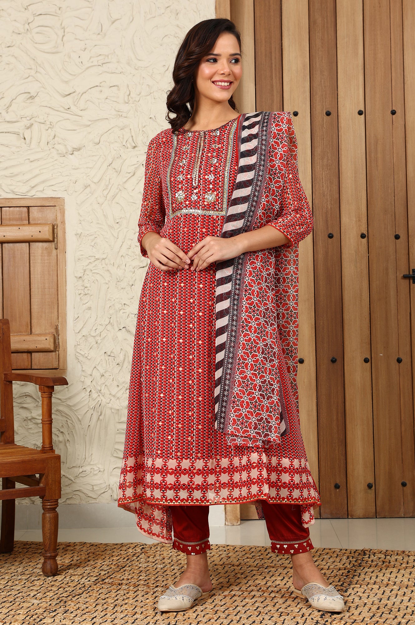 Rust Red Geometric Printed Embroidered Flared Kurta, Pants And Dupatta Set