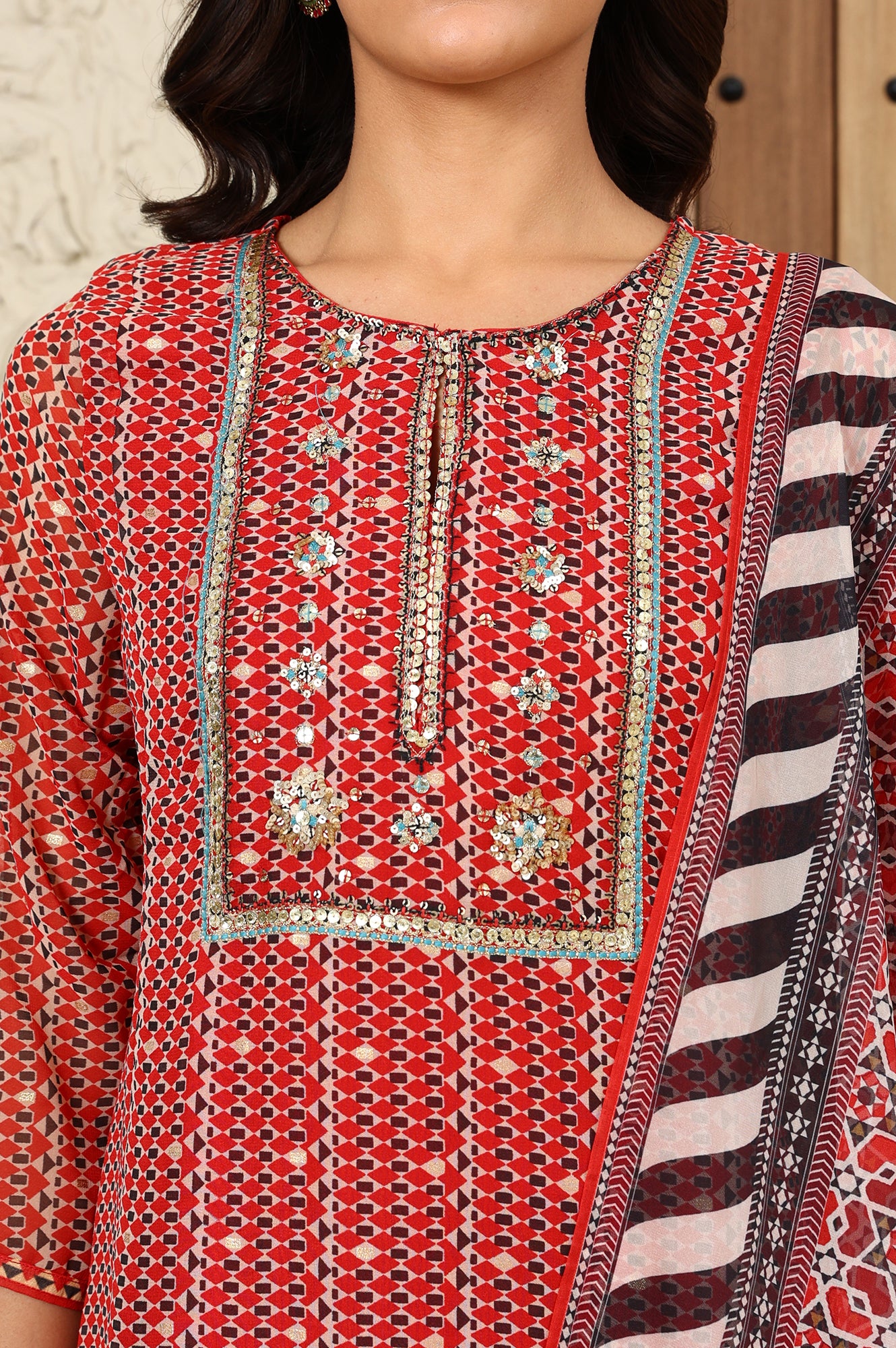 Rust Red Geometric Printed Embroidered Flared Kurta, Pants And Dupatta Set