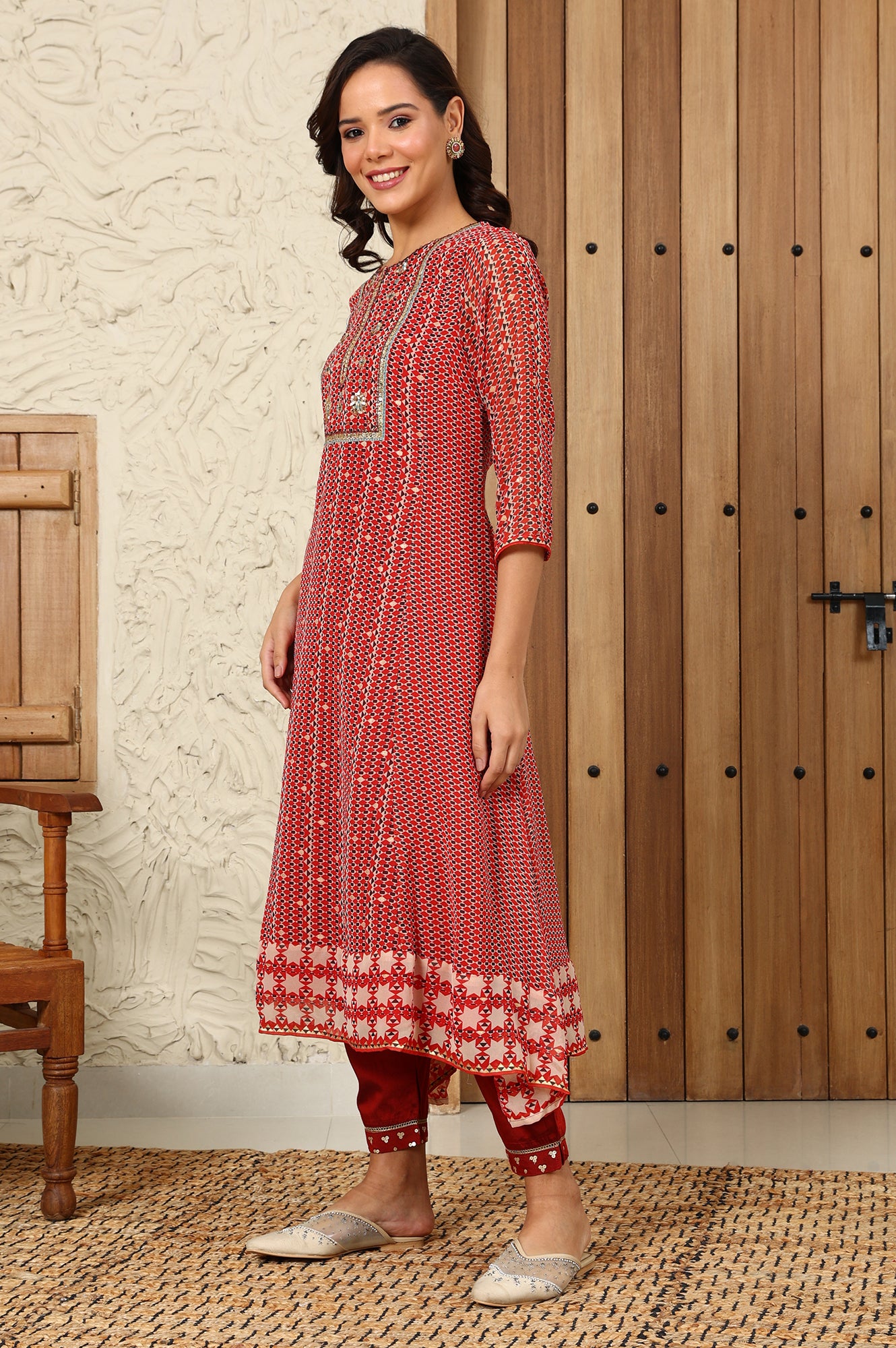 Rust Red Geometric Printed Embroidered Flared Kurta, Pants And Dupatta Set