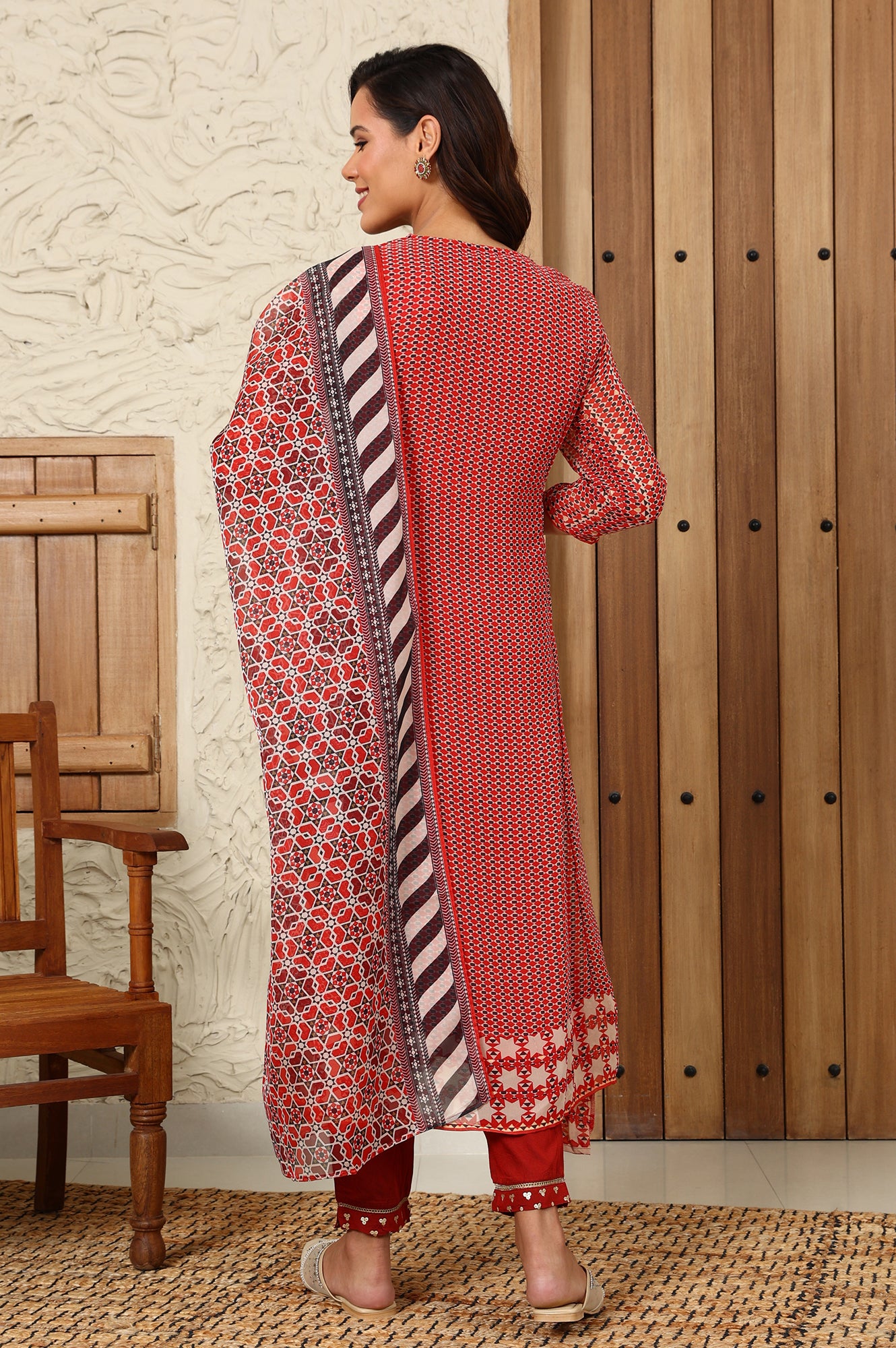 Rust Red Geometric Printed Embroidered Flared Kurta, Pants And Dupatta Set