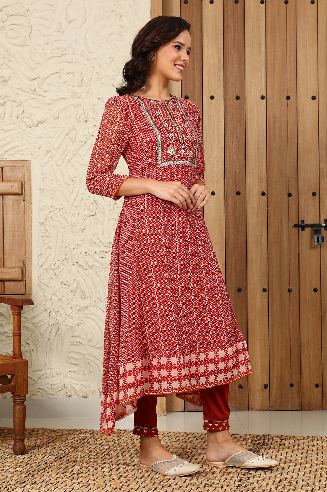 Rust Red Geometric Printed Embroidered Flared Kurta, Pants And Dupatta Set