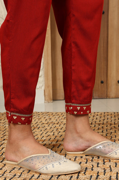 Rust Red Geometric Printed Embroidered Flared Kurta, Pants And Dupatta Set