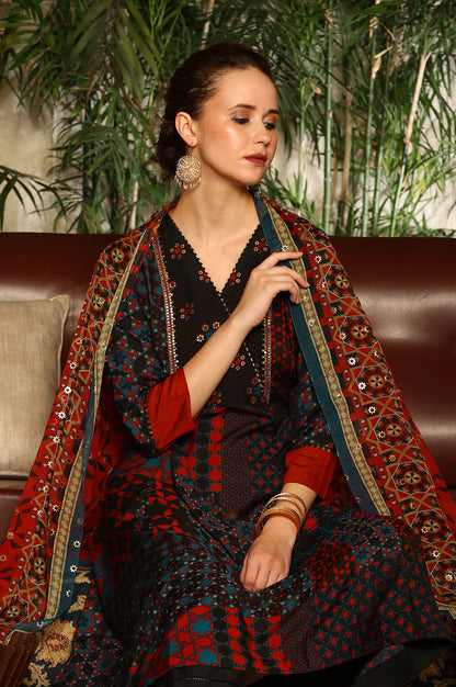 Black Multi-Coloured Patch Printed Metallic Embroidered A-Line Kurta, Pants And Dupatta Set