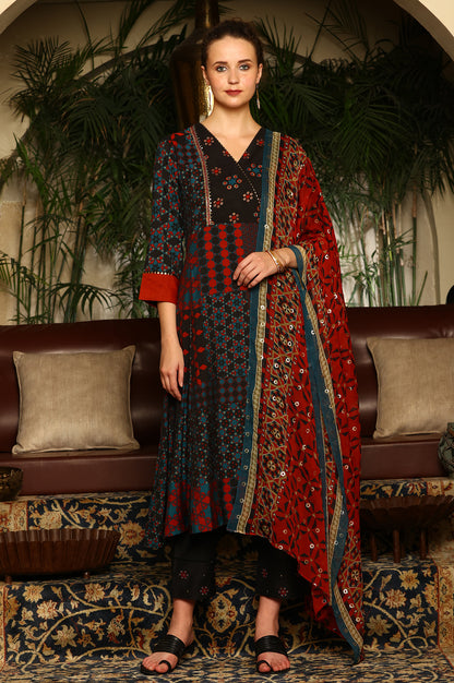 Black Multi-Coloured Patch Printed Metallic Embroidered A-Line Kurta, Pants And Dupatta Set