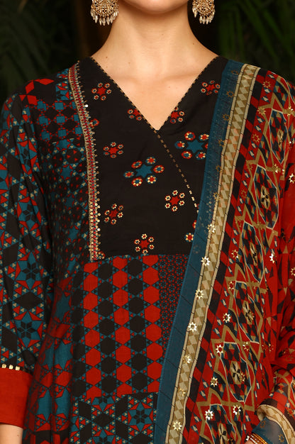 Black Multi-Coloured Patch Printed Metallic Embroidered A-Line Kurta, Pants And Dupatta Set