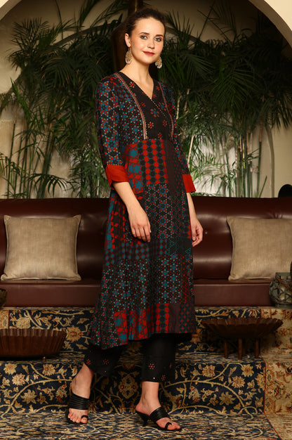 Black Multi-Coloured Patch Printed Metallic Embroidered A-Line Kurta, Pants And Dupatta Set