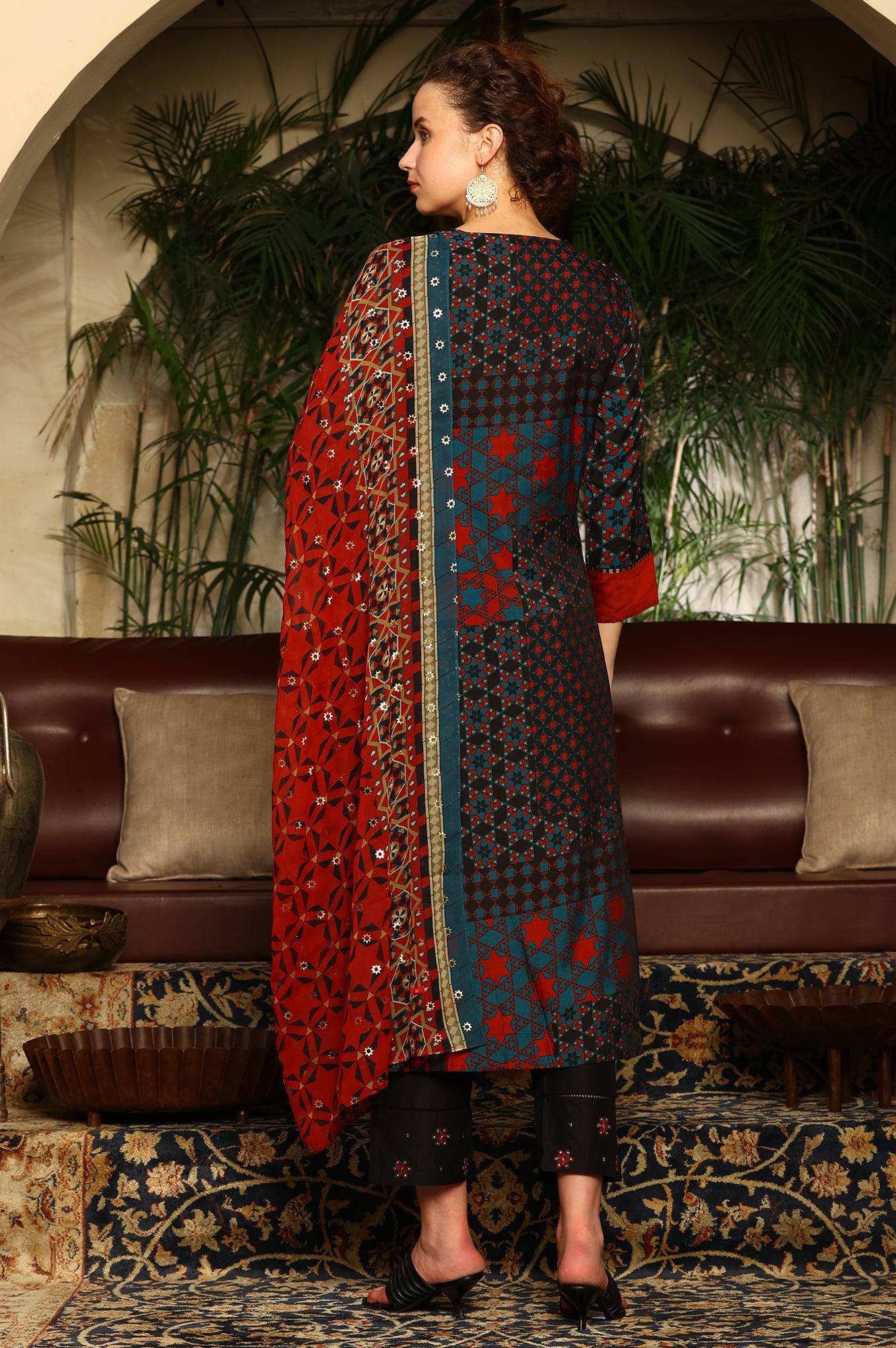 Black Multi-Coloured Patch Printed Metallic Embroidered A-Line Kurta, Pants And Dupatta Set