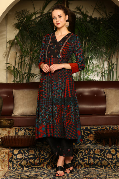 Black Multi-Coloured Patch Printed Metallic Embroidered A-Line Kurta, Pants And Dupatta Set