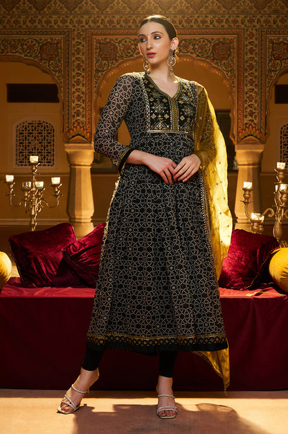 Black Printed Gathered Chiffon Kurta With Embroidery, Churidar And Dupatta Set