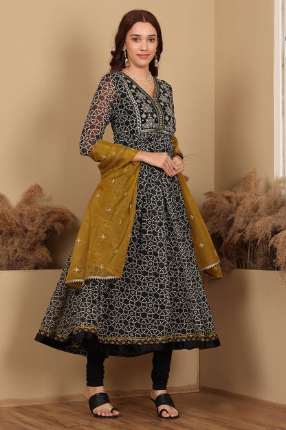 Black Printed Gathered Chiffon Kurta With Embroidery, Churidar And Dupatta Set - wforwoman