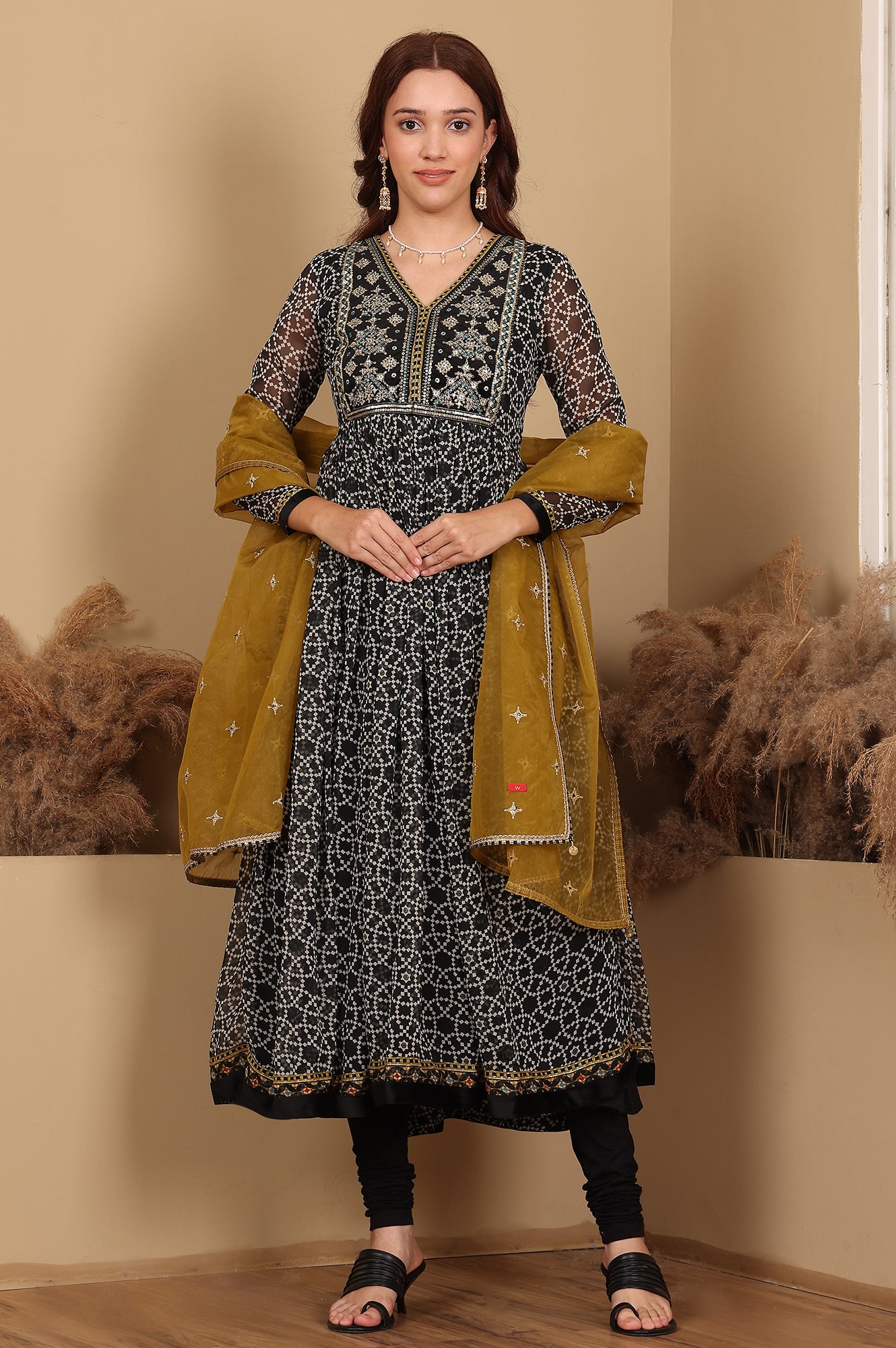 Black Printed Gathered Chiffon Kurta With Embroidery, Churidar And Dupatta Set - wforwoman