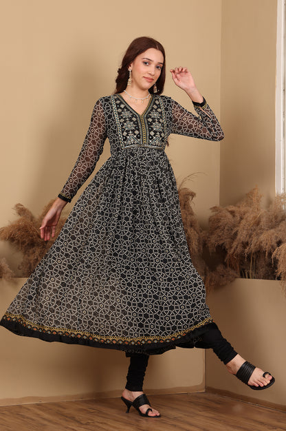 Black Printed Gathered Chiffon Kurta With Embroidery, Churidar And Dupatta Set - wforwoman