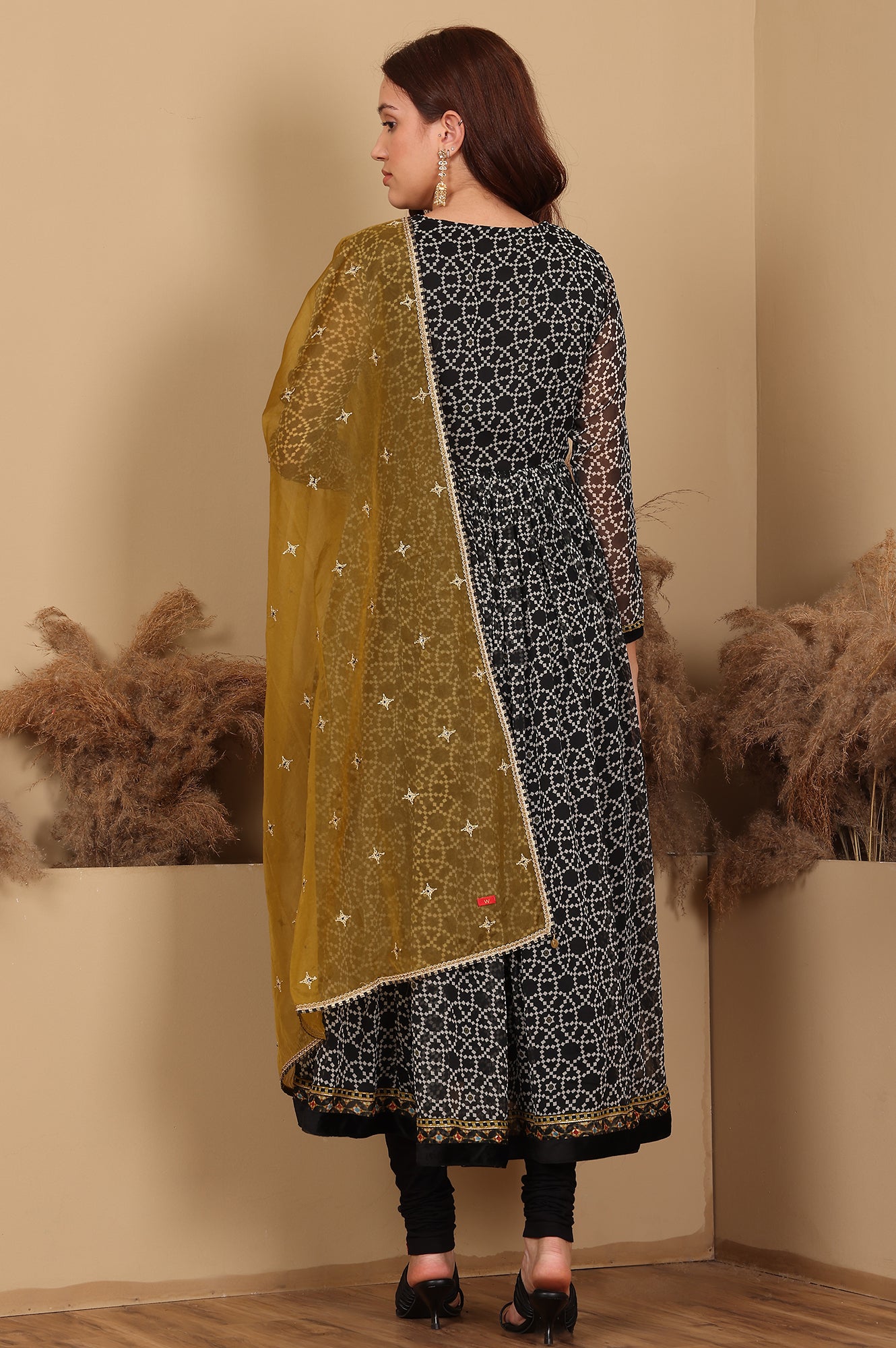 Black Printed Gathered Chiffon Kurta With Embroidery, Churidar And Dupatta Set - wforwoman