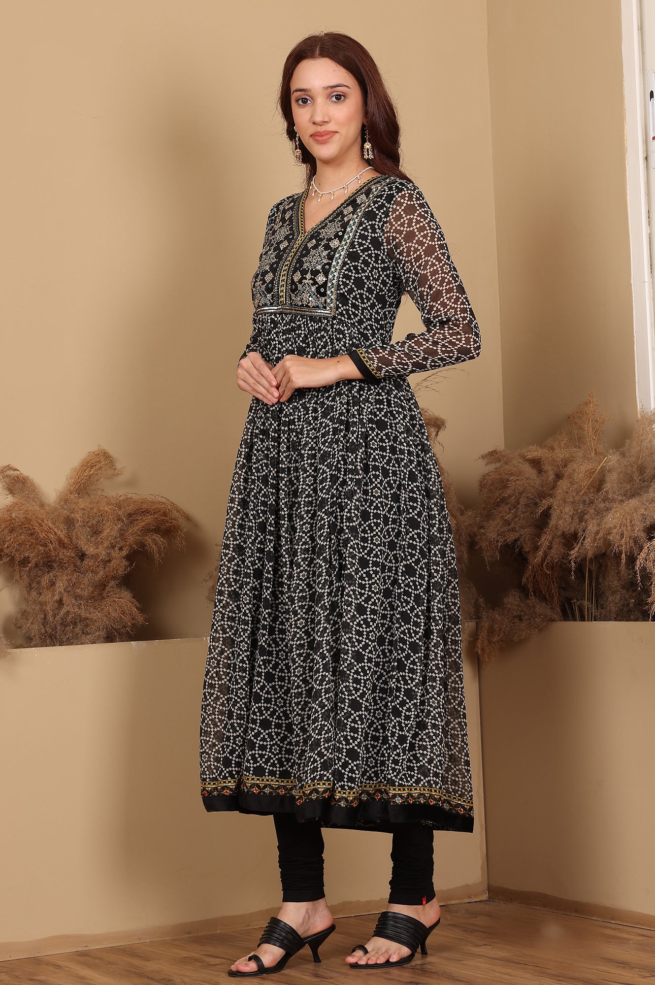 Black Printed Gathered Chiffon Kurta With Embroidery, Churidar And Dupatta Set - wforwoman