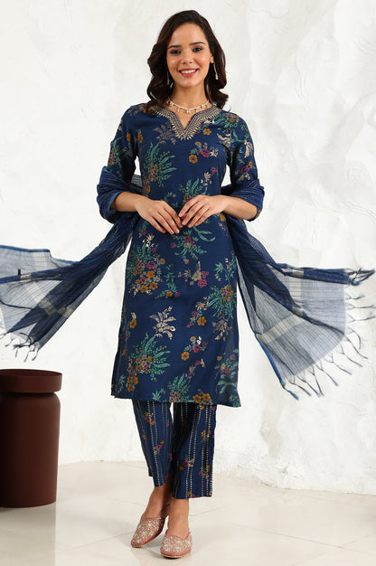 Royal Blue Foil Floral Printed Vicuna Crepe Straight Kurta And Pants Set With Dupatta