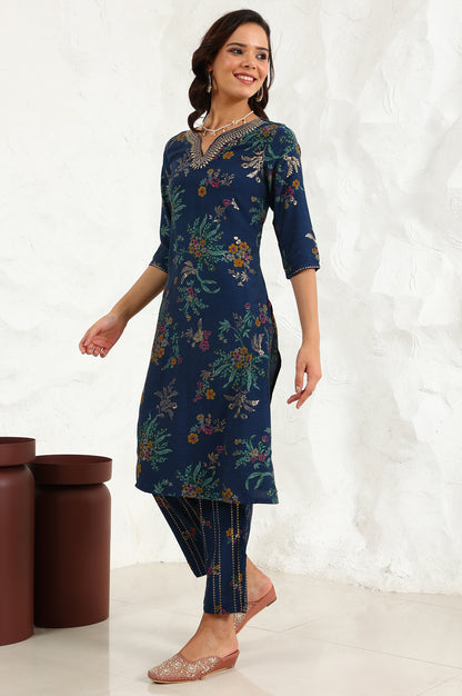 Royal Blue Foil Floral Printed Vicuna Crepe Straight Kurta And Pants Set With Dupatta