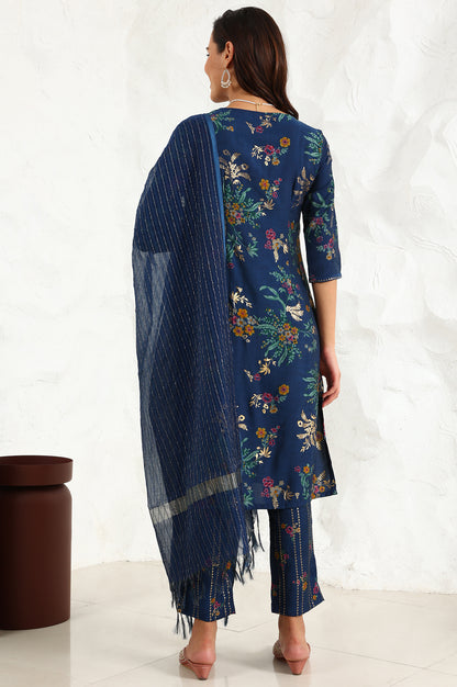 Royal Blue Foil Floral Printed Vicuna Crepe Straight Kurta And Pants Set With Dupatta