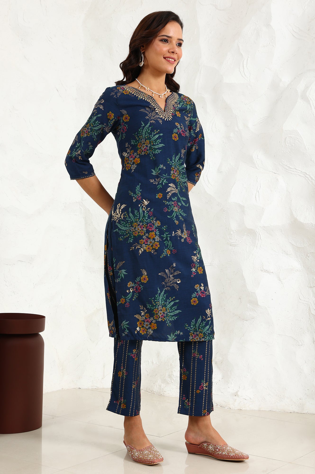 Royal Blue Foil Floral Printed Vicuna Crepe Straight Kurta And Pants Set With Dupatta